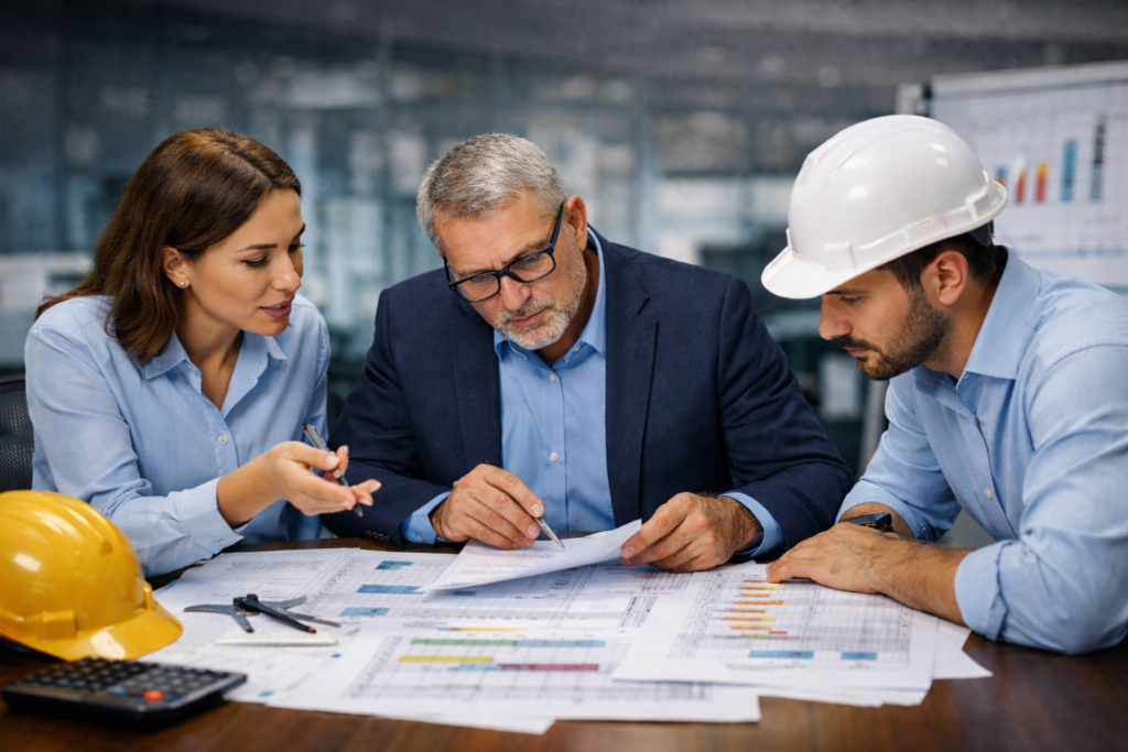 Equipe técnica analisando contratos e documentos para assistência técnica em perícias