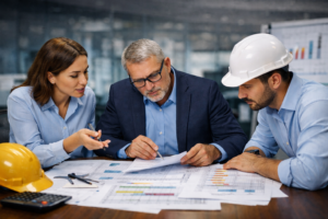 Equipe técnica analisando contratos e documentos para assistência técnica em perícias