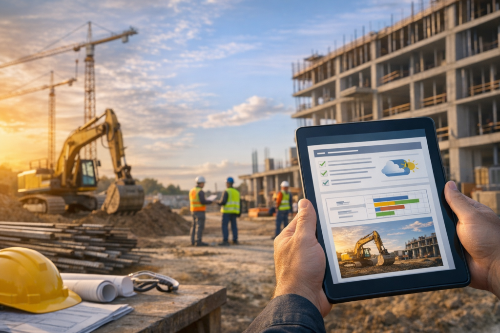Engenheiro analisando registros de obra em canteiro com elementos de gestão e acompanhamento técnico