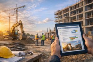 Engenheiro analisando registros de obra em canteiro com elementos de gestão e acompanhamento técnico