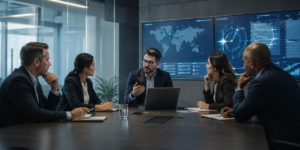 Executivos e especialistas analisando risco digital e governança em ambiente corporativo, capa para artigo sobre consultoria especializada em cybersegurança