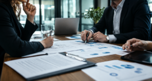 Capa horizontal sobre gestão de riscos em contratos empresariais, com documentos, gráficos e ambiente corporativo