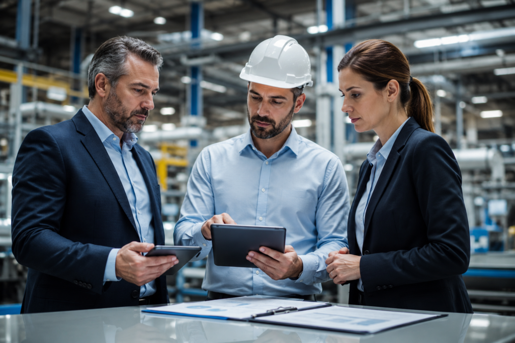 Gestores revisando contratos e indicadores em ambiente industrial