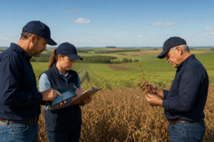 Especialistas realizando vistoria técnica em lavoura para seguro agrícola