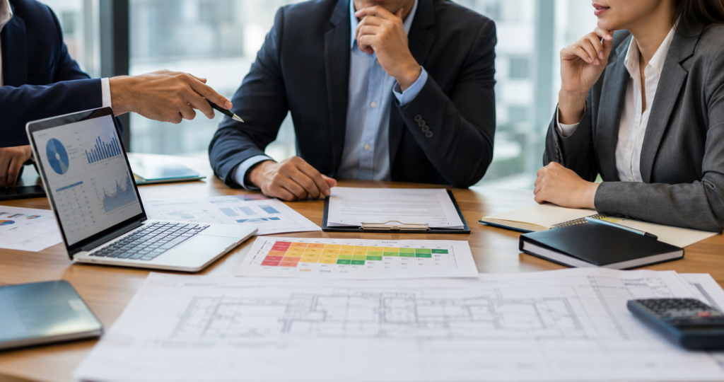Especialistas analisando documentos e matriz de riscos de seguros