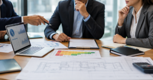 Especialistas analisando documentos e matriz de riscos de seguros