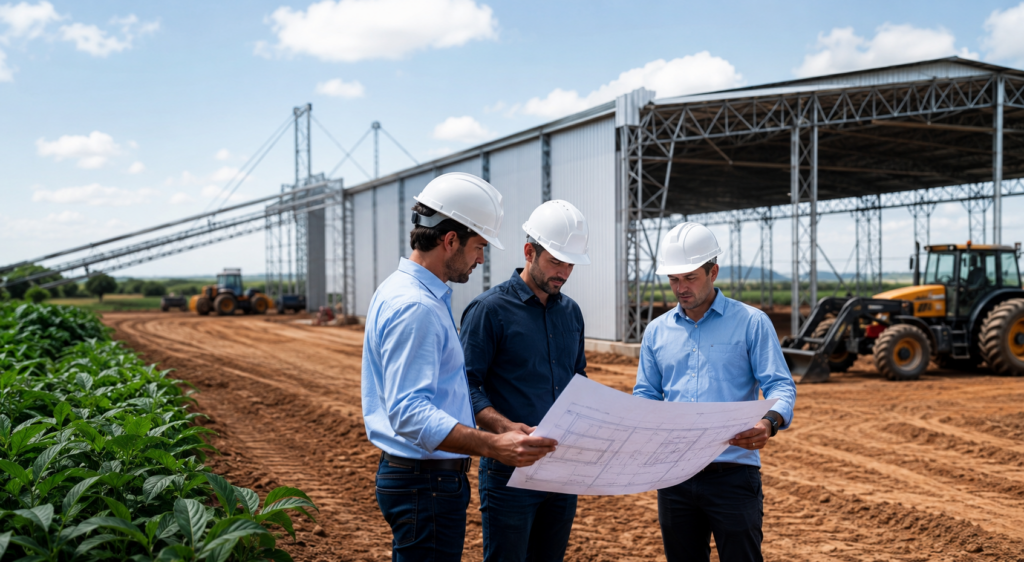 Engenheiros planejando obra rural no agronegócio