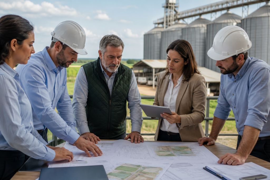 Engenheiros e gestores analisando projeto de infraestrutura agroindustrial