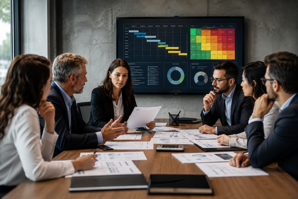 Equipe técnica analisando contratos cronograma e matriz de riscos