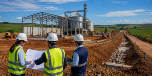 Engenheiros acompanhando obra de infraestrutura agroindustrial em área rural