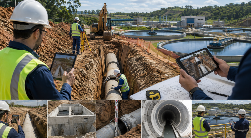 Engenheiros registrando medições e evidências em obra de saneamento