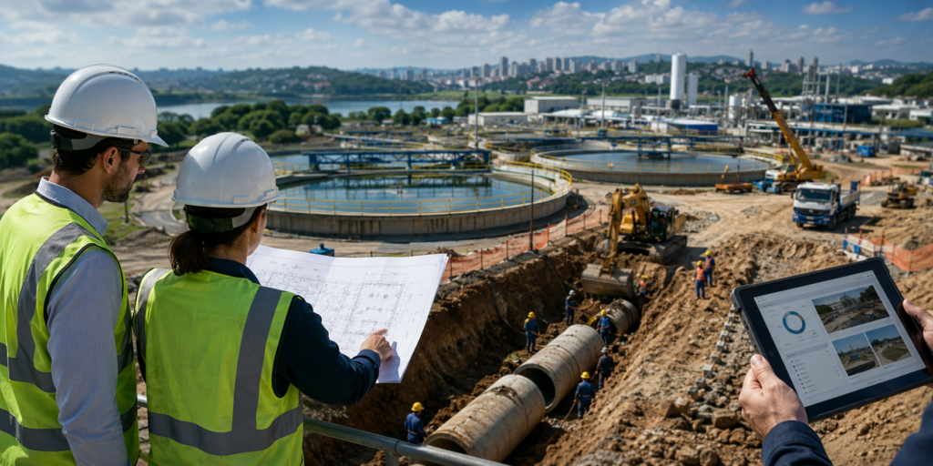 Engenheiros acompanhando obra de saneamento com redes de água e esgoto
