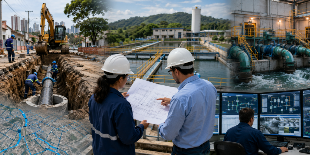 Equipe técnica analisando obra urbana de saneamento e estação de tratamento