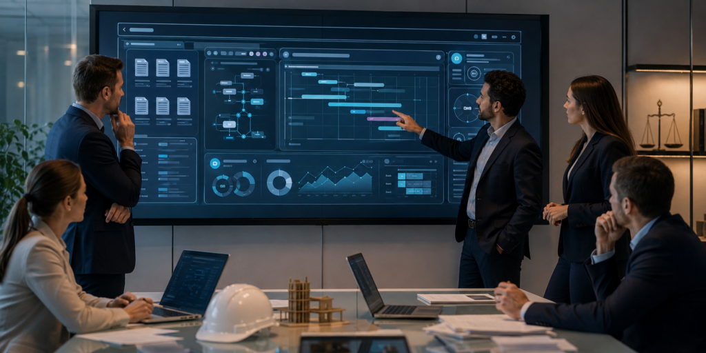 Profissionais usando painel digital para gestão de contratos e riscos