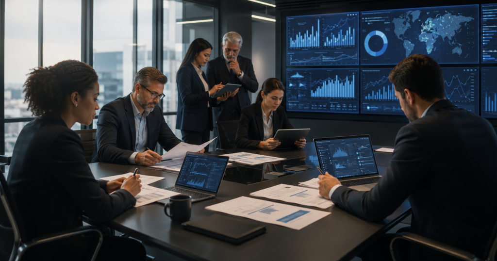 Profissionais analisando dashboards e evidências digitais em auditoria contábil